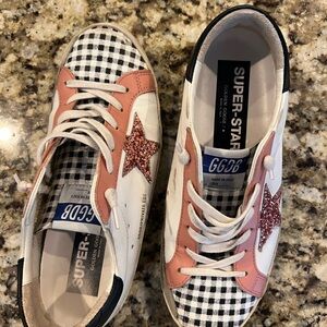 Golden Goose White and Pink Superstar Sneakers